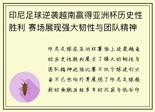 印尼足球逆袭越南赢得亚洲杯历史性胜利 赛场展现强大韧性与团队精神 印尼足球逆袭越南赢得亚洲杯历史性胜利 赛场展现强大韧性与团队精神